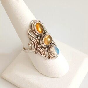 PTI 925 Triple Moonstone Ring 8.5 Sterling Silver Oblong Saddle Boho Ring